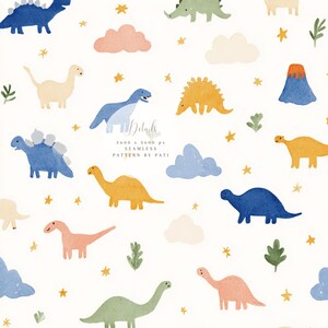 May include: A seamless pattern featuring watercolor illustrations of various dinosaurs in shades of blue, yellow, green, and pink, along with clouds, stars, and foliage on a white background. The text "Details" and other information is also present.