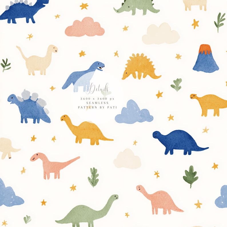 May include: A seamless pattern featuring watercolor illustrations of various dinosaurs in shades of blue, yellow, green, and pink, along with clouds, stars, and foliage on a white background. The text "Details" and other information is also present.