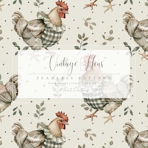 Könnte beinhalten: Nahtloses Muster mit Aquarellillustrationen von Vintage-Hühnern. Die Hühner sind in einem skurrilen Stil dargestellt und tragen Rüschenkragen und karierte Schürzen. Der Hintergrund ist hellbeige mit verstreuten Blättern und Punkten.