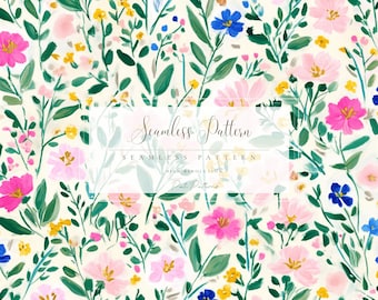 Seamless Floral Pattern PNG, Pink Wildflower Design for Spring Crafts, Fast Download, Commercial Use, Kids and Holiday Projects
