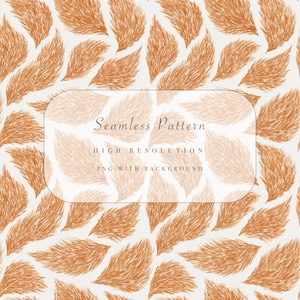 Puede incluir: Un patrón sin costuras con formas estilizadas y plumosas en tonos naranja y beige sobre un fondo crema. El diseño incluye el texto "Seamless Pattern", "High Resolution" y "PNG with Background".