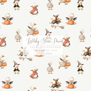 Witchy Goose Parade Seamless Pattern, Cute Halloween Duck Pattern for Kids, Trick or Treat Mummy Goose & Witch Hat PNG, Halloween Background