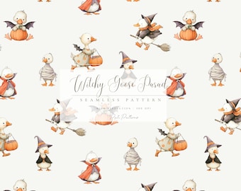 Witchy Goose Parade Seamless Pattern, Cute Halloween Duck Pattern for Kids, Trick or Treat Mummy Goose & Witch Hat PNG, Halloween Background