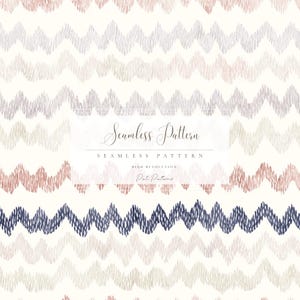 May include: A seamless pattern design featuring rows of zigzag shapes in various colors, including muted pink, gray, and navy blue, set against a cream background. The text "Seamless Pattern" is displayed in an elegant script font.