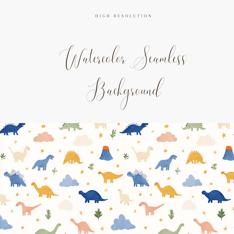 May include: Watercolor seamless background with a repeating pattern of colorful dinosaurs, clouds, stars, and volcanoes on a white background. The text "Watercolor Seamless Background" is displayed in elegant script.
