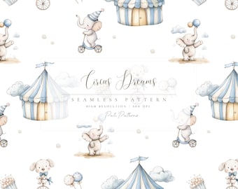 Watercolor Blue Circus Seamless Pattern - Nursery Pattern for Fabric - Digital Download - Circus Tent Background - Baby Boy Paper - Cute Kid