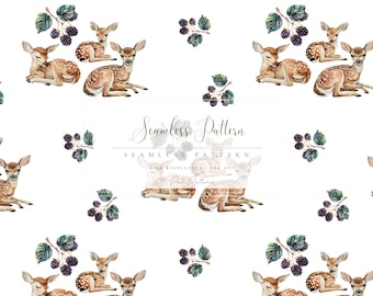 Watercolor Woodland Fawn Seamless Pattern, Baby Deer and Berry Illustration, Forest Animal Digital Paper, Nursery Forest Animal Seamless