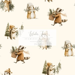 Woodland Winter Seamless Pattern,  Cute Forest Animals in Scarves, Cozy Christmas Digital Paper for Wrapping, Fabric, Christmas Pattern PNG