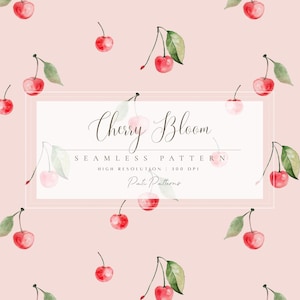 Simple Cherry Seamless Pattern - Fruit Repeating Pattern - Watercolor Cherries Fabric Design - Commercial License - Summer Pattern JPEG