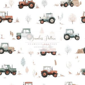 Op de afbeelding: Een naadloos patroon met aquarel illustraties van vintage tractoren in oranje, groen en blauw. De tractoren staan tegen een witte achtergrond met botanische elementen en de tekst "Seamless Pattern".