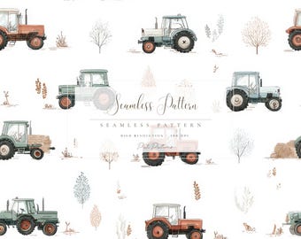 Vintage Farm Tractor Seamless Pattern, Rustic Farmhouse Digital Paper, Countryside Agriculture Repeat Design PNG with Background, Nursery