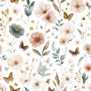 May include: A seamless pattern featuring watercolor flowers and butterflies in soft pastel colors. The design includes pink, white, and teal flowers, along with brown butterflies and green foliage, all set against a white background. The overall theme is floral and nature-inspired.