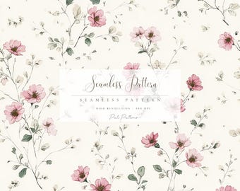 Vintage Pink Floral Seamless Pattern, Botanical Repeat PNG with Background, Shabby Chic Cottagecore Digital Paper, Wedding Floral Background
