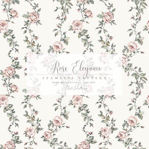 Op de afbeelding: Een naadloos patroon met klimrozen in zachtroze en groen op een crèmekleurige achtergrond. Het ontwerp bevat de tekst "Rose Elegance" en andere tekst. De rozen zijn gedetailleerd en realistisch.
