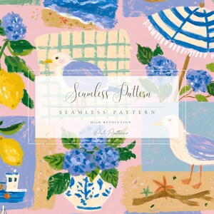 May include: Seamless pattern design with illustrations of lemons, seagulls, beach scenes, and hydrangeas. The design includes a blue and white striped parasol, a small boat, and starfish on a pink background.