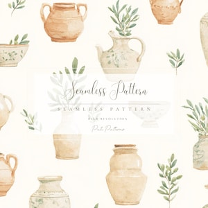 May include: Watercolor seamless pattern featuring various antique vases, pitchers, and bowls in shades of beige and brown, with green sprigs. The text "Seamless Pattern" is displayed in the center. High resolution.