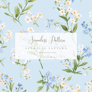 May include: A seamless pattern design featuring watercolor-style forget-me-not flowers in shades of blue, white, and peach, set against a light blue background. The design includes green leaves and stems. The text "Seamless Pattern" is displayed in a rectangular frame.