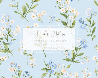 Blue Forget Me Not Floral Seamless Pattern PNG, Spring Flowers Background, Fast Download, Commercial Use, Kids and Holiday Design