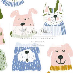 May include: A seamless pattern with cartoon dog illustrations in pastel shades. The dogs have different expressions and wear sweaters and collars in blue, green, pink, and yellow. The words "Seamless Pattern" are displayed in a decorative font.