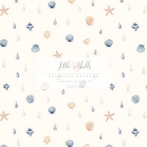 May include: A seamless pattern featuring watercolor illustrations of seashells, starfish, and teardrop shapes in shades of blue, beige, and coral on a cream background. The text "Little Shells" is displayed in the center.