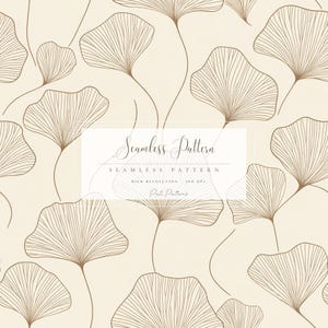 May include: A seamless pattern with stylized ginkgo leaves in a warm brown shade on a cream backdrop. The leaves have detailed linear veins, and the design includes the text "Seamless Pattern" in a decorative font.