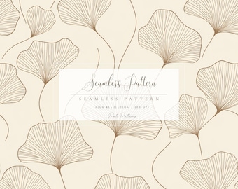 Ginkgo Leaf Seamless Pattern, Minimal Botanical Digital Paper, Neutral Nature Wallpaper, Elegant Line Art Background