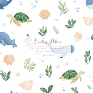 May include: Watercolor seamless pattern featuring sea creatures like whales, turtles, and seashells. The design includes green seaweed and blue bubbles on a white background. The text "Seamless Pattern" is displayed in the center.