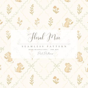 May include: A seamless pattern featuring tan mice holding wheat, interspersed with floral and botanical elements in beige and light green. The text "Floral Mice" is displayed in elegant script, with additional text indicating a seamless pattern and high resolution.