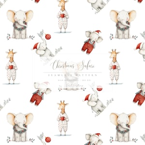 Puede incluir: Patrón sin costuras con ilustraciones en acuarela de elefantes y jirafas con atuendo festivo. Los animales visten pijamas y gorros de Papá Noel, sosteniendo tazas. El texto "Christmas Safari" se muestra en el centro de la imagen.