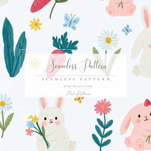 May include: A seamless pattern with cartoon bunnies, flowers, carrots, and butterflies on a white backdrop. The bunnies are white and pink, with flowers in pink, yellow, and white. The text "Seamless Pattern" is displayed.