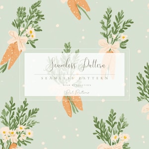 May include: A seamless pattern design with illustrations of carrots, green foliage, and white flowers tied with a light pink bow. The background is a light green with white dots, and the text reads "Seamless Pattern".