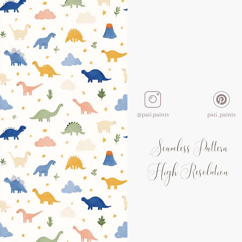 May include: A seamless pattern featuring colorful dinosaurs, clouds, stars, and foliage on a white background. The dinosaurs are in shades of blue, yellow, green, and pink. The text "Seamless Pattern High Resolution" is also visible.
