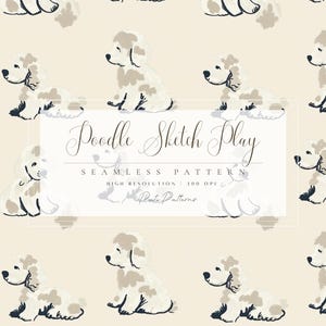 Modello senza cuciture minimalista di barboncino, clipart di cucciolo neutro su carta digitale, stampa di cane con sfondo crema per cancelleria in tessuto - Asilo nido per cani