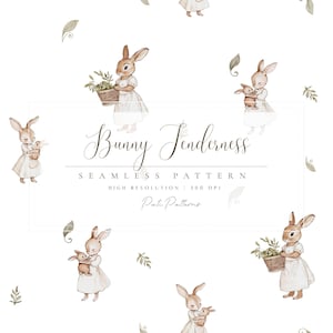 May include: A seamless pattern featuring watercolour illustrations of bunnies holding baskets of flowers and other bunnies. The pattern is on a white background and includes the text "Bunny Tenderness Seamless Pattern High Resolution - 300 DPI Patti Patterns".
