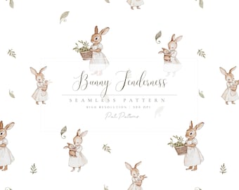 Watercolor Bunny Seamless Pattern - Textile Design for Kids - Woodland Animals in Vintage Style - Watercolor Baby Rabbit - Instant Download