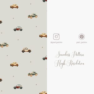 May include: A seamless pattern featuring watercolor illustrations of vintage cars in various colors, including beige, green, and red, scattered across a light gray background. The image also includes the text "Seamless Pattern High Resolution".