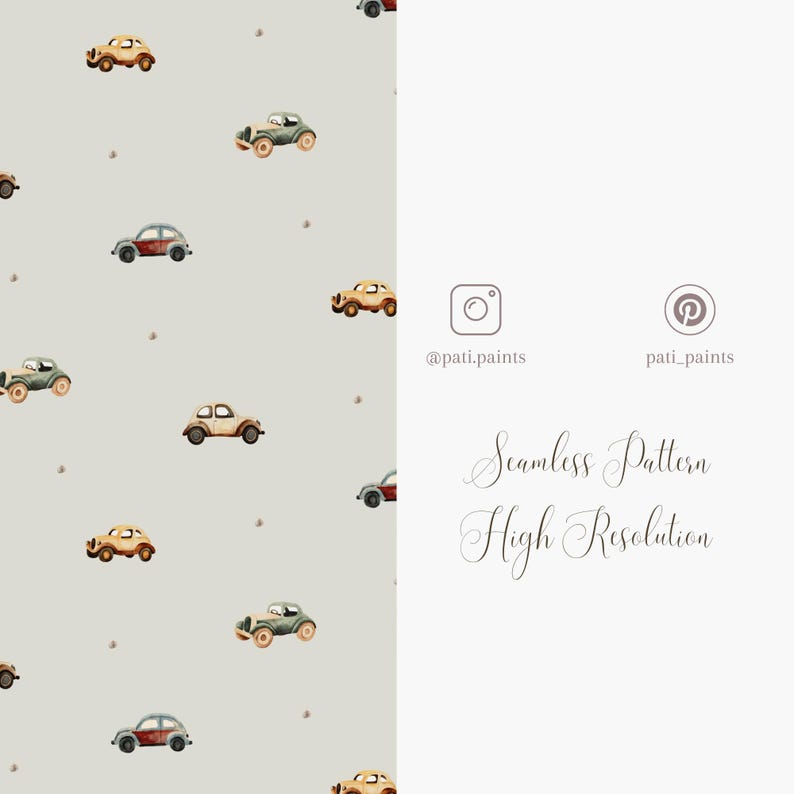 May include: A seamless pattern featuring watercolor illustrations of vintage cars in various colors, including beige, green, and red, scattered across a light gray background. The image also includes the text "Seamless Pattern High Resolution".