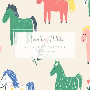 May include: A seamless pattern with illustrated horses in green, pink, red, and blue. The horses have different coloured manes and tails, set against a cream background. The text "Seamless Pattern" is displayed in the centre.