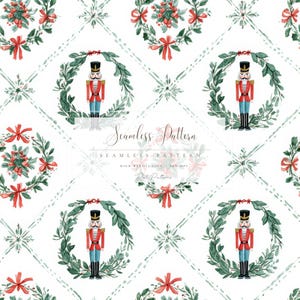 Puede incluir: Un patrón sin costuras con ilustraciones en acuarela de coronas navideñas, cascanueces y lazos rojos sobre un fondo blanco. El diseño incluye el texto "Seamless Pattern" y "High Resolution 300 DPI".