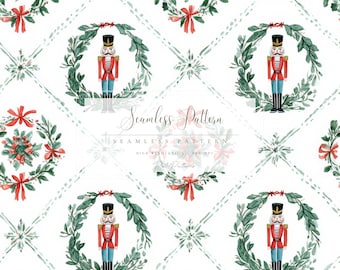 Nutcracker Seamless Christmas Pattern, Holiday Digital Paper, Watercolor Xmas Wrapping, Scrapbook Background, Instant Download