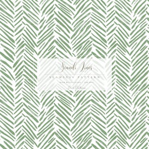 May include: Seamless pattern with a white background and a green herringbone design. The pattern features diagonal brushstrokes, creating a textured effect. The text "Scandi Lines" and "Seamless Pattern" are displayed in a rectangular box.