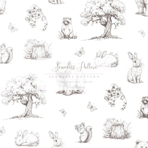 Puede incluir: Patrón sin costuras con ilustraciones dibujadas a mano de animales del bosque, incluyendo conejos, mapaches, ardillas y osos, junto con árboles, flores y mariposas. El texto "Seamless Pattern" se muestra en una fuente decorativa.