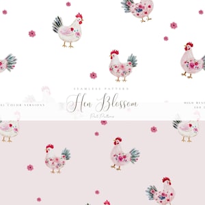 Könnte beinhalten: Ein nahtloses Muster mit rosa und weißen Hühnern mit floralen Details. Das Muster heißt "Hen Blossom" und ist in mehreren Farbvarianten erhältlich. Das Muster ist hochauflösend, 300 DPI.