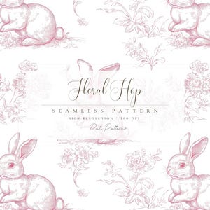 Blush Häschen Toile Nahtloses Muster - Vintage Häschen - Toile de Jouy Kaninchen Digital Papier - Rosa Kaninchen Blumenmuster für Stoff Kinderzimmer Kunst