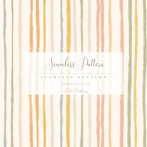 Peut inclure: Motif sans couture avec des coups de pinceau verticaux aux couleurs pastel : pêche, jaune, vert et bleu sur fond crème. Le texte "Seamless Pattern" est affiché dans un cadre rectangulaire. Les mots "High Resolution" et "Rustic Patterns" sont également visibles.