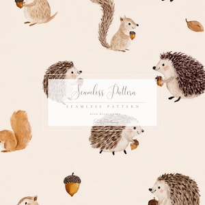 May include: Watercolor seamless pattern featuring squirrels and hedgehogs holding acorns. The design includes the text "Seamless Pattern" and "Pati Patterns" on a cream background. The illustrations are in shades of brown and beige.