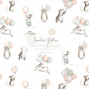 May include: A seamless pattern with watercolour illustrations of woodland creatures, such as mice, owls, rabbits, and hippos, holding pastel balloons. The design includes the text "Seamless Pattern" on a white speckled background.
