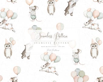 Woodland Birthday Animal Pattern, Baby Shower PNG Background, Neutral Nursery Seamless Paper, Cute Party Animal Digital Design, Happy Animal