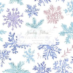 May include: A watercolour seamless pattern with snowflakes in blue, purple, and pink on a white backdrop. The text "Seamless Pattern" is displayed in the center of the image.