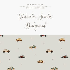 May include: Watercolor seamless background featuring repeating illustrations of vintage cars in shades of beige, green, and red on a light gray backdrop. The text "Watercolor Seamless Background" is displayed at the top of the image.